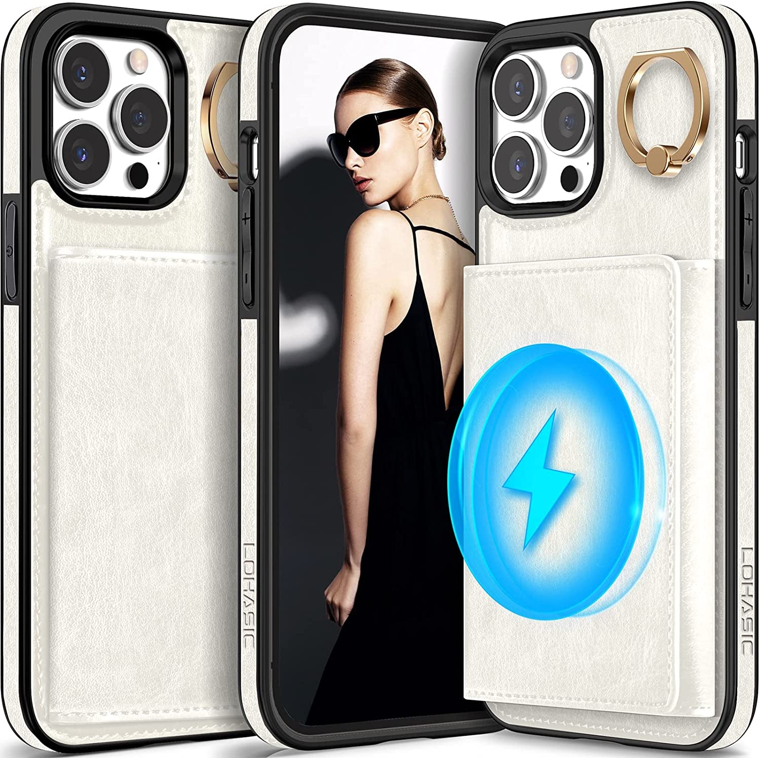 LOHASIC for Iphone 13 Pro Max Wallet Case, Compatible with Mag-Safe, 6 Card Holder Phone Cover Women, Ring Stand, Magnetic Wireless Charging, Detachable Back Leather Credit Slot, 6.7 Inch - White  LOHASIC   