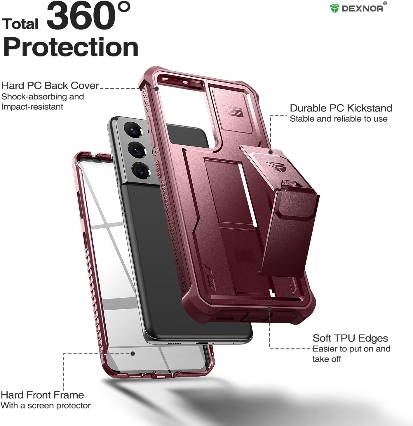 Dexnor for Samsung Galaxy S21 Ultra Case, [Built in Screen Protector and Kickstand] Heavy Duty Military Grade Protection Shockproof Protective Cover for Samsung Galaxy S21 Ultra 5G,6.8 Inch,Maroon Red  Dexnor   