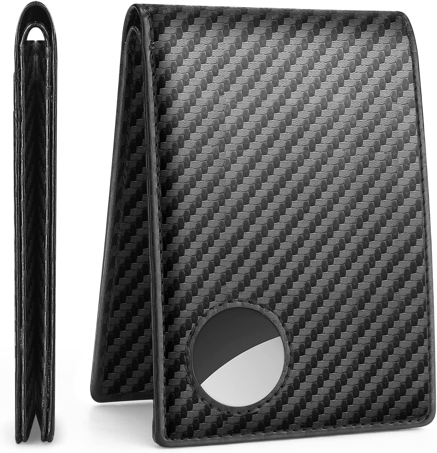 Dallson Mens Wallet for Airtag, Bifold Genuine Leather Wallet with Air Tag Holder, 2 ID Window, 10 Card Slot, RFID Blocking, Smart Wallet Compatible with Apple Airtag (Black)  Dallson Carbon Black  