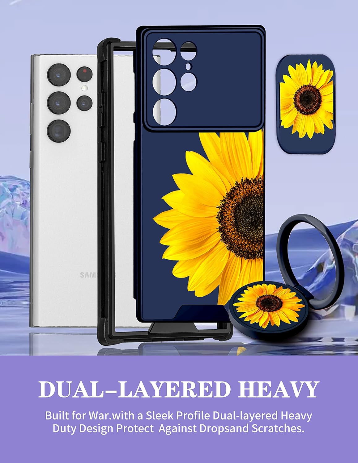 Goocrux (2In1 for Samsung Galaxy S22 Ultra Case Sunflower Floral for Women Girls Girly Phone Cover Cute Flowers Design with Slide Camera Cover+Ring Holder Unique Blue Cases for Galaxy S22 Ultra 6.8''  Goocrux   