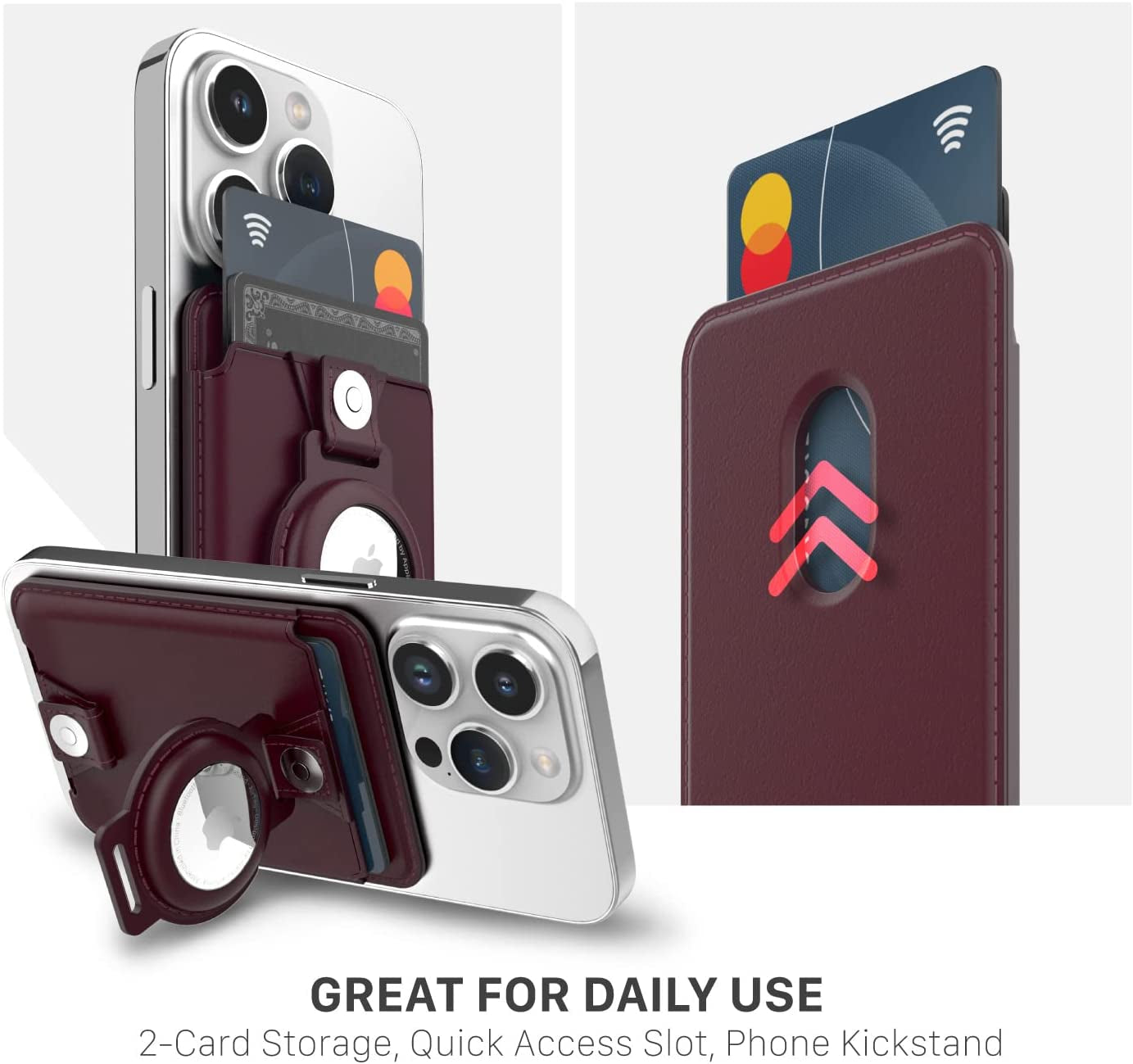 VENA Magsafe Wallet for Iphone with Airtag Holder, Card Holder, RFID Protection, 3-In-1 Detachable Magnetic Leather Case with Kickstand for Iphone 14/13/12 Series - Burgundy Red  Vena   