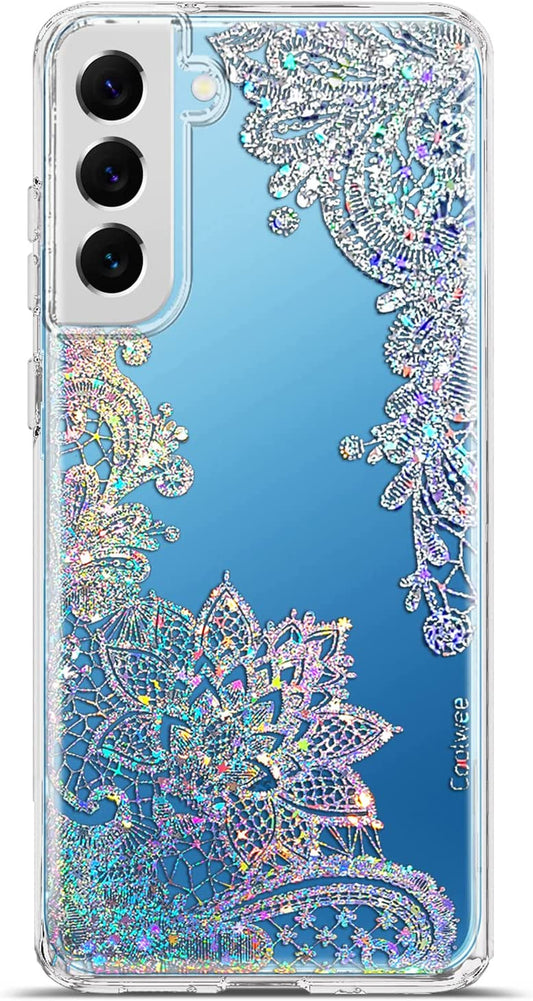 Coolwee Clear Glitter for Galaxy S22, 6.1 Inch, Thin Flower Slim Cute Crystal Lace Bling Shiny for Women Girls Floral Plastic Hard Back Soft TPU Bumper Protective Cover for Samsung S22 Mandala Henna  Coolwee   