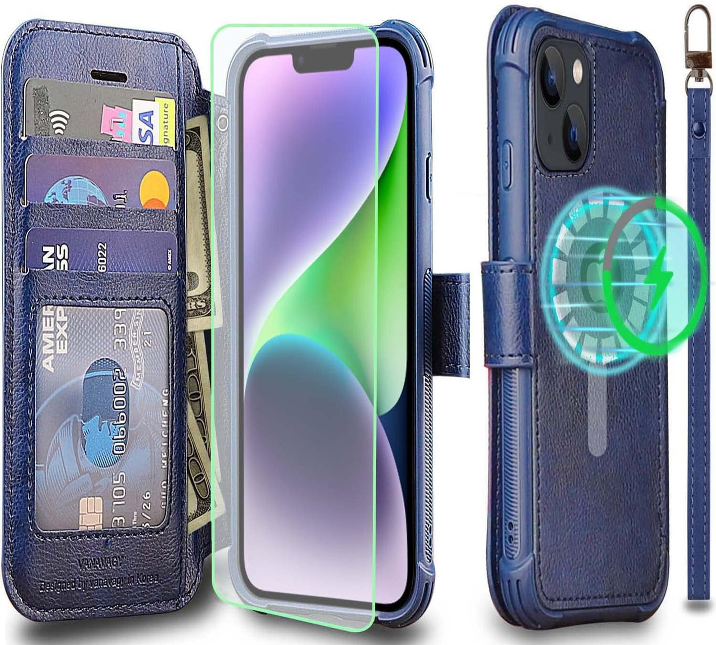 VANAVAGY Iphone 14 plus Wallet Case Magsafe,Leather Flip Folio Phone Cover Supports Magsafe and Wireless Charging with RFID Block Card Holder and Wrist Strap,Clove Purple  VANAVAGY Navy blue（Not for iPhone 14 ）  