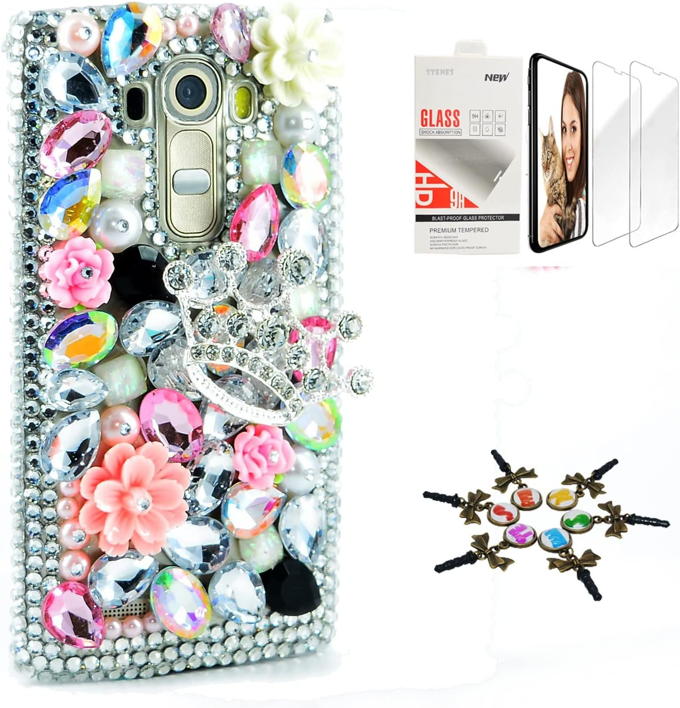 STENES Bling Case Compatible with LG V40 Thinq - Stylish - 3D Handmade [Sparkle Series] Silver Crown Rose Flowers Design Cover with Screen Protector [2 Pack] - Pink  STENES   