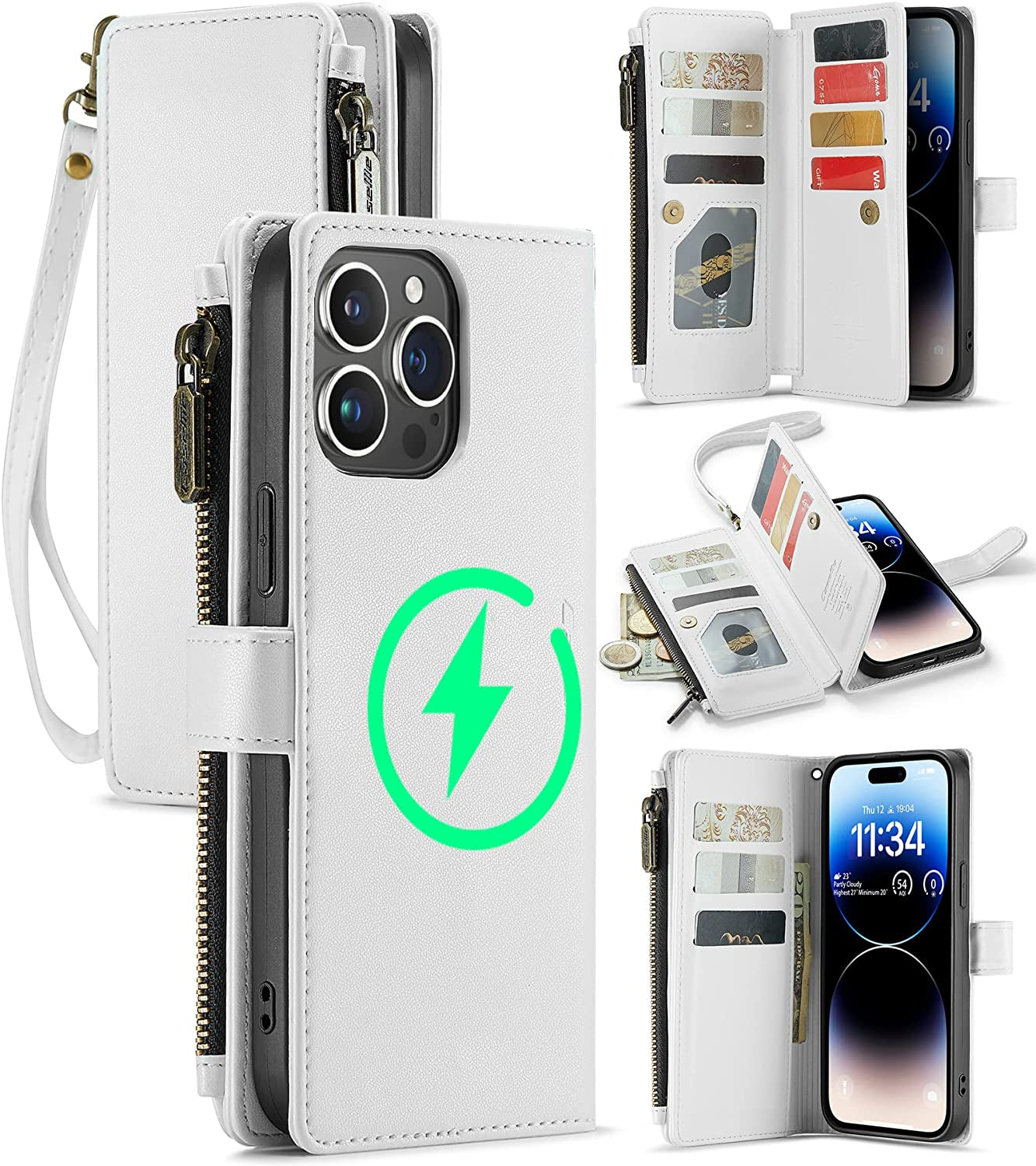 FLIPALM Wallet Case for Iphone 14 Pro(6.1") Flip Case,Compatible with Magsafe Charger,Pu Leather Zipper Protective Lanyard Strap Wristlet Case with Magnetic Closure and Card Holder Luxury Coffee  FLIPALM Beige iPhone 14 Pro Max 