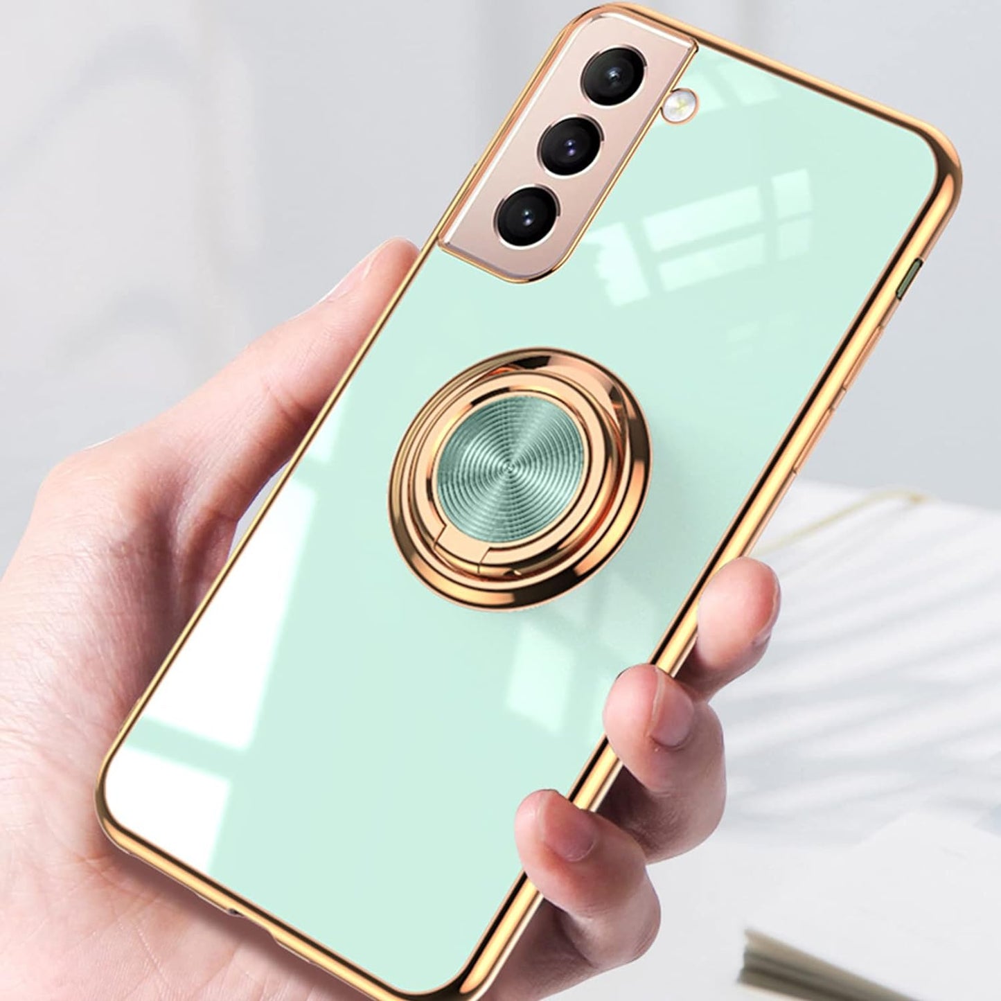 Aowner for Samsung Galaxy S21 Ultra Ring Holder Case Shiny Plating Rose Gold Edge 360 Degree Rotation Kickstand for Women Girls Slim Soft Flexible TPU Protective Cover Case, 6.8 Inch, Teal  aowner   