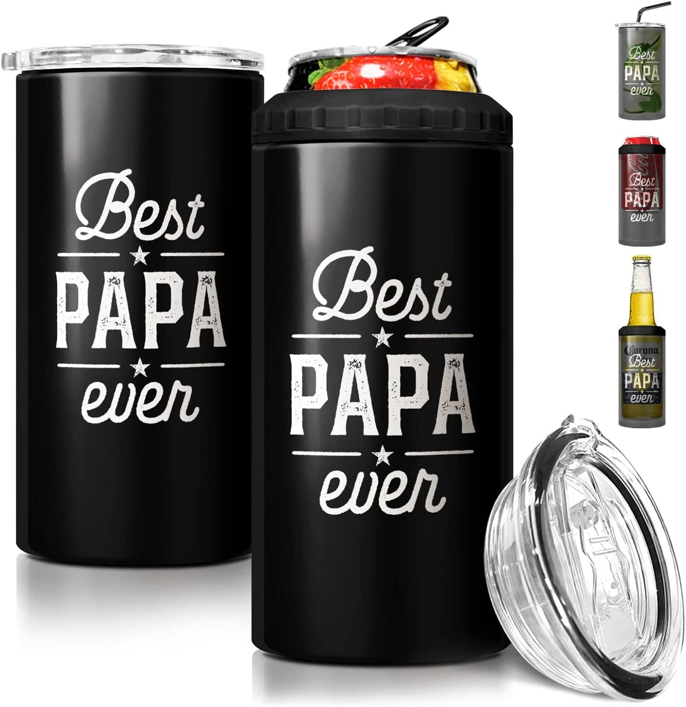 SANDJEST 4-In-1 Best Dad Ever Tumbler Gifts for Dad from Daughter Son - 12Oz Dad Can Cooler Tumblers Travel Mug Cup - Stainless Steel Insulated Cans Coozie Christmas, Birthday, Father'S Day Gift  SANDJEST Best Papa Ever - Black  