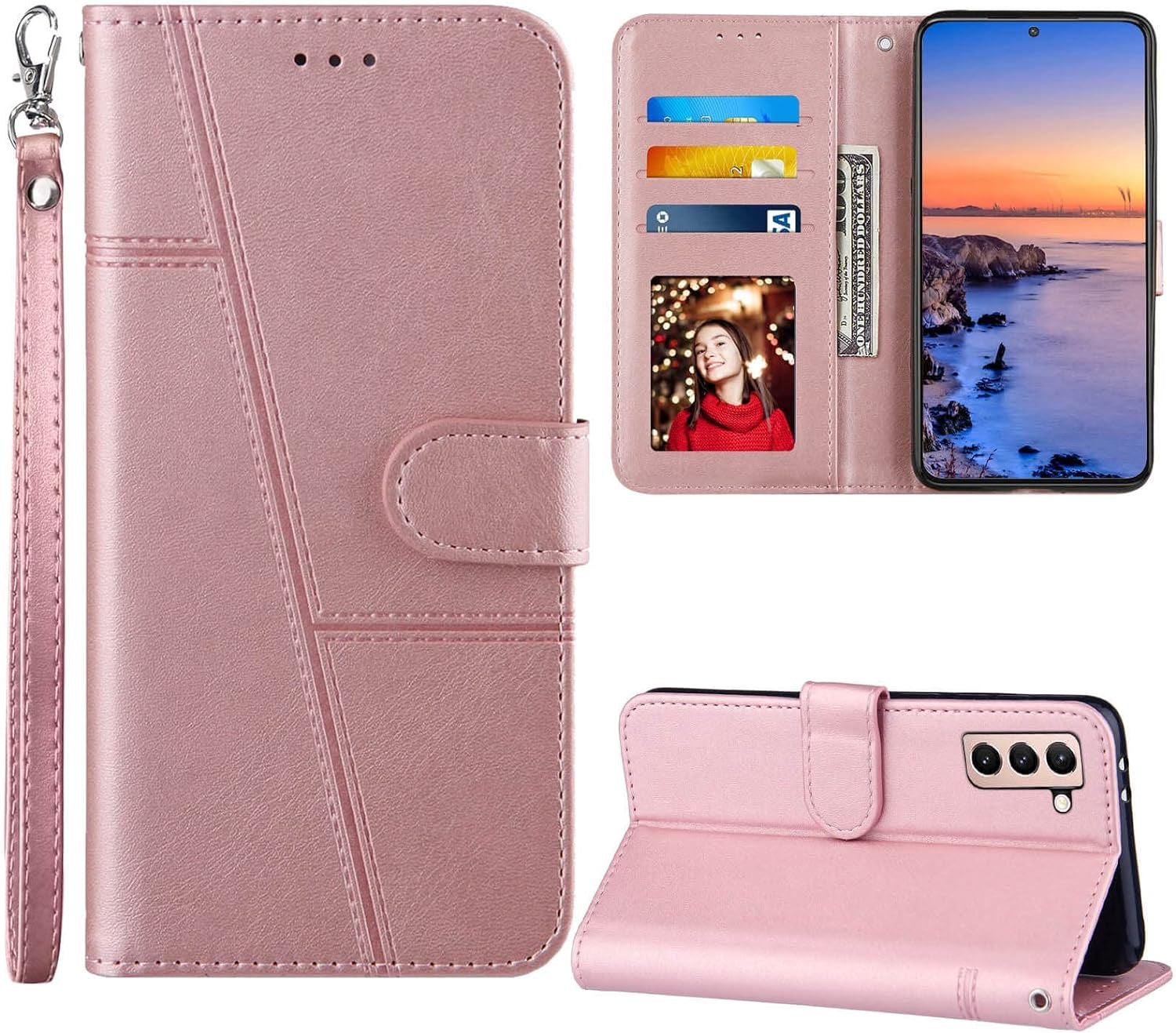 Jancalm S21 Case Wallet 2022, for Galaxy S21 Case,[Wrist Strap][Card Holder Slots][Kickstand] Premium PU Leather S21 Phone Case Flip Cover Magnetic Protective for Samsung Galaxy S21 5G (Black)  JanCalm Rose Gold  
