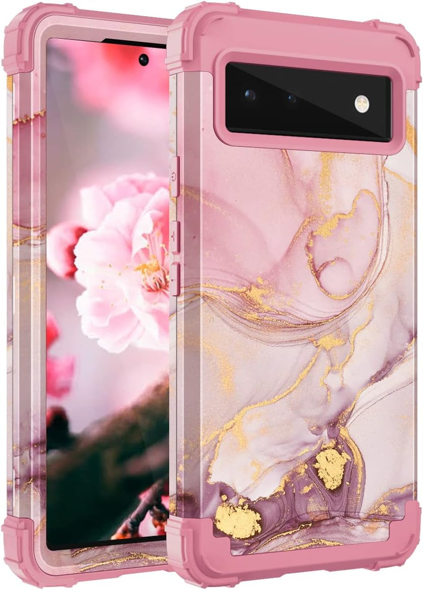 Pixel 6 Case,Google Pixel 6 Case,Casewind Marble Design Rose Gold Girl Women 3 in 1 Hard PC Soft TPU Silicone Rugged Bumper Heavy Duty Hybrid Shockproof Anti-Scratch Protective Cover for Pixel 6,6.4"  Casewind   