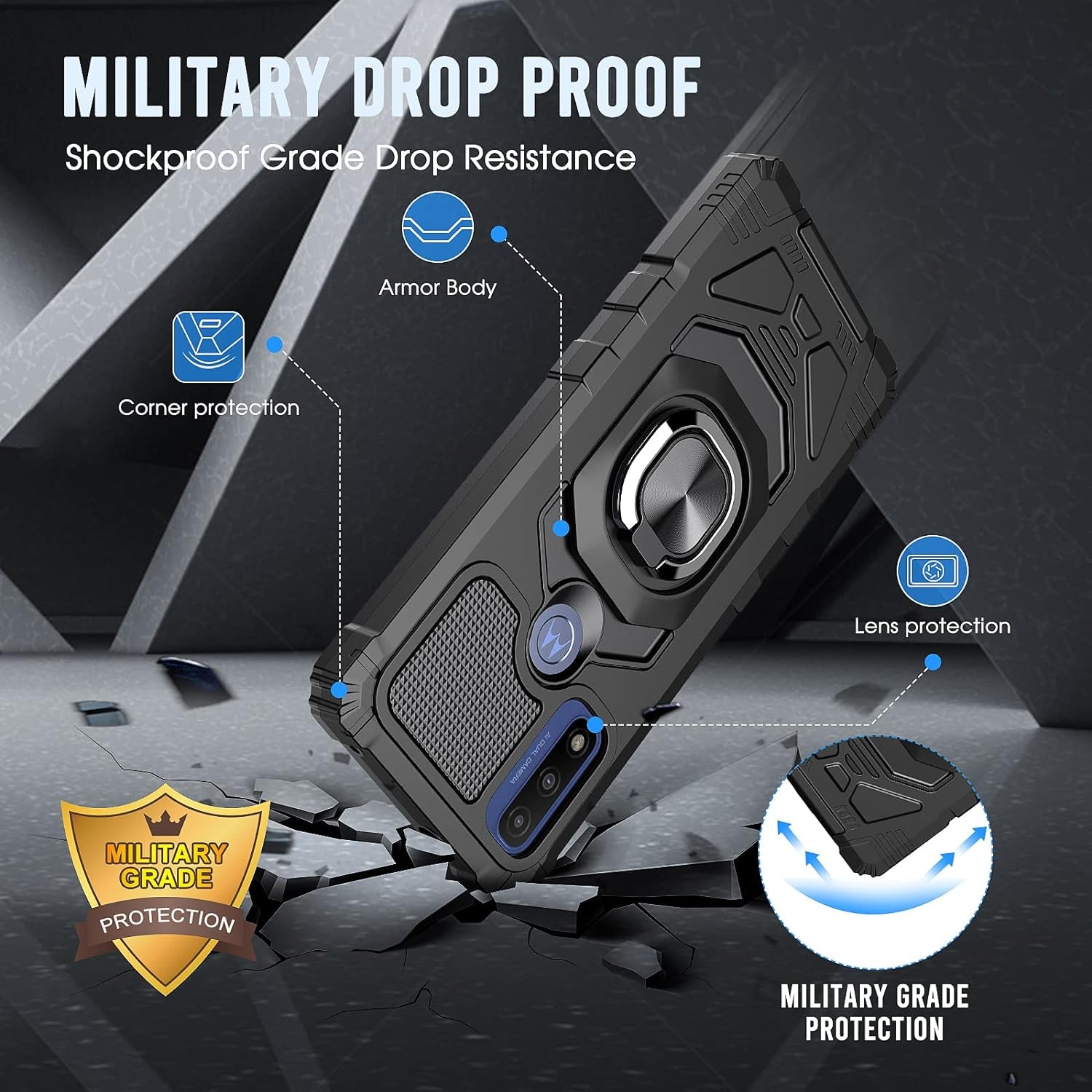 For Motorola Moto-G Pure Case: with Tempered Screen Protector & Built in 360° Adjustable Ring Kickstand Shockproof Protection TPU Bumper Armor Design Phone Cover for Moto G Pure - Black  TUNKARMOR   