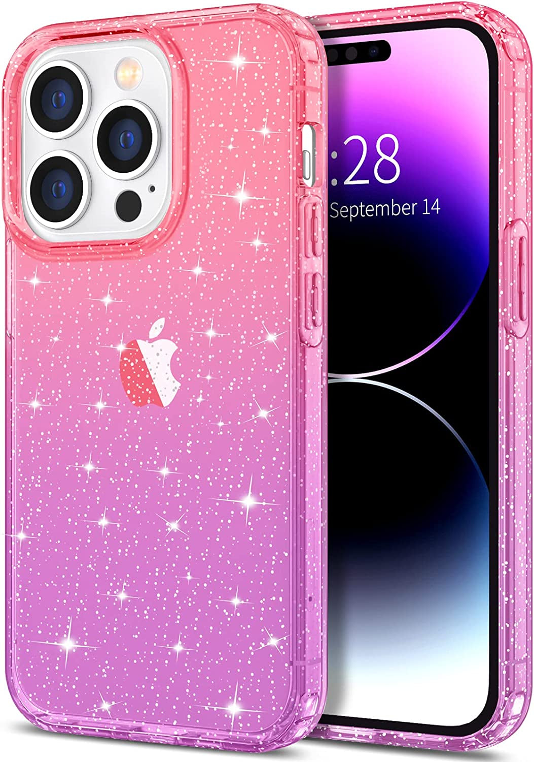 Hython Case for Iphone 14 Pro Max Case Glitter, Cute Sparkly Clear Glitter Shiny Bling Sparkle Cover, Anti-Scratch Soft TPU Slim Fit Shockproof Protective Phone Cases for Women Girls, Black Glitter  Hython Pink/Purple  