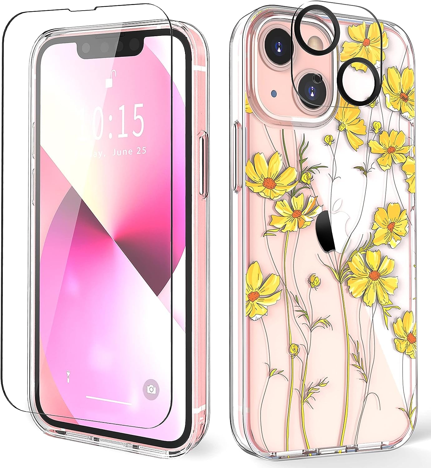 ZQWY Designed for Iphone 13 Case 6.1 Inch, with Tempered Glass Screen Protector Camera Lens Protector Clear with Design Floral Protective Aesthetic Flower Women Girl Phone Cover (Stormtrooper Helmet)  ZQWY Yellow Cosmos Flowers  