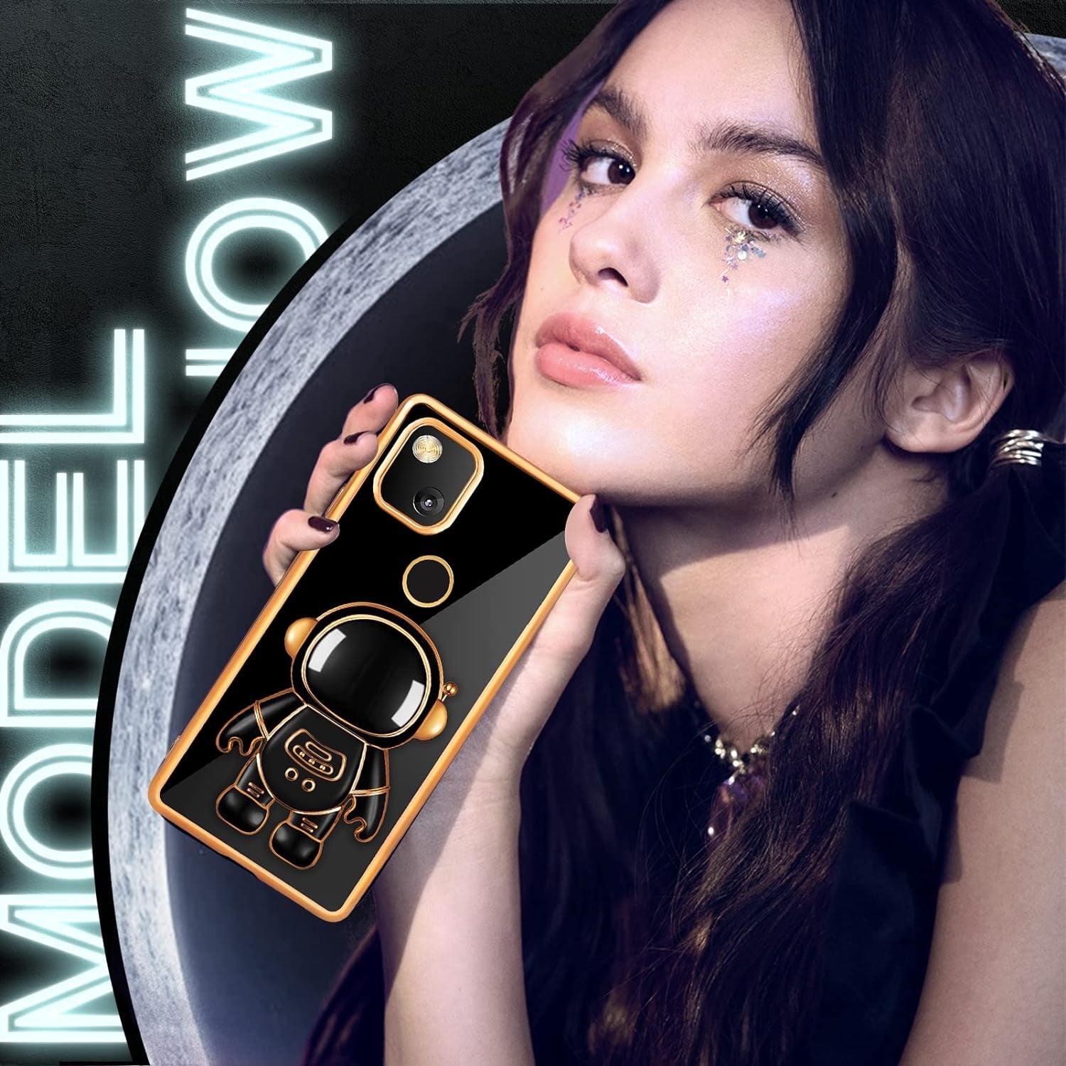 Buleens for Google Pixel 4A Case with Astronaut Stand, Women Girls Pixel 4A Cases, Girly Cute 6D Outer Space Heart Pattern Phone Cover for Google Pixel 4A(Not Fit 5G) 5.8 Inch Black  Buleens   