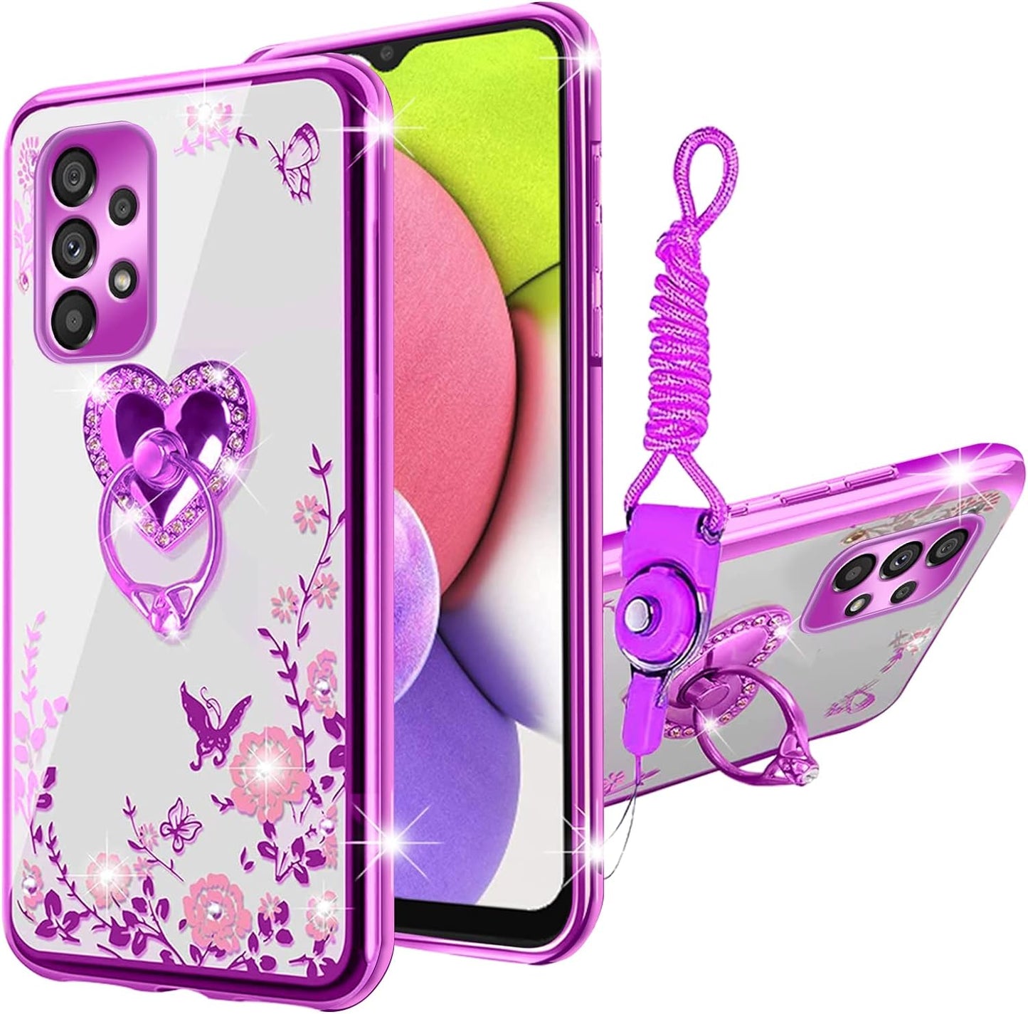 For Samsung Galaxy A53 Case, A53 5G Case for Women Glitter Crystal Butterfly Heart Floral Soft TPU Luxury Bling Cute Protective Cover with Kickstand Strap for Samsung A53 5G (Rose Gold)  KuDiNi Purple  