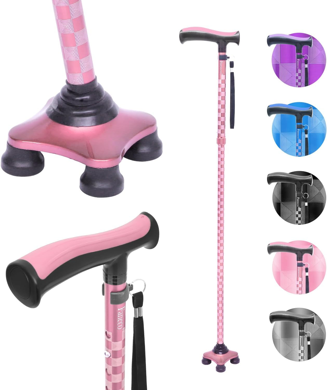 FANECO Walking Cane for Elderly, Folding Walking Stick for Seniors, Pivoting Quad Base, Lightweight Adjustable Walking Stick for Men/Women  NINGBOSHI GUOSHENG XINXI KEJI YOUXIANGONGSI Pink  