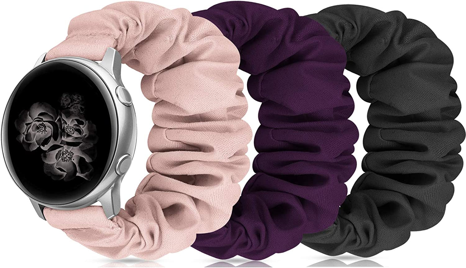 20Mm 22Mm Scrunchies Watch Bands, Cute Elastic Replacement Bands for Women with Quick Release Bar, Fabric Band for Samsung Galaxy Watch 4 5 Pro Galaxy Active, Active 2 40Mm 44Mm Watch Smartwatch Bla-S  ZSMJ V-Black+Purple+Pink Small 