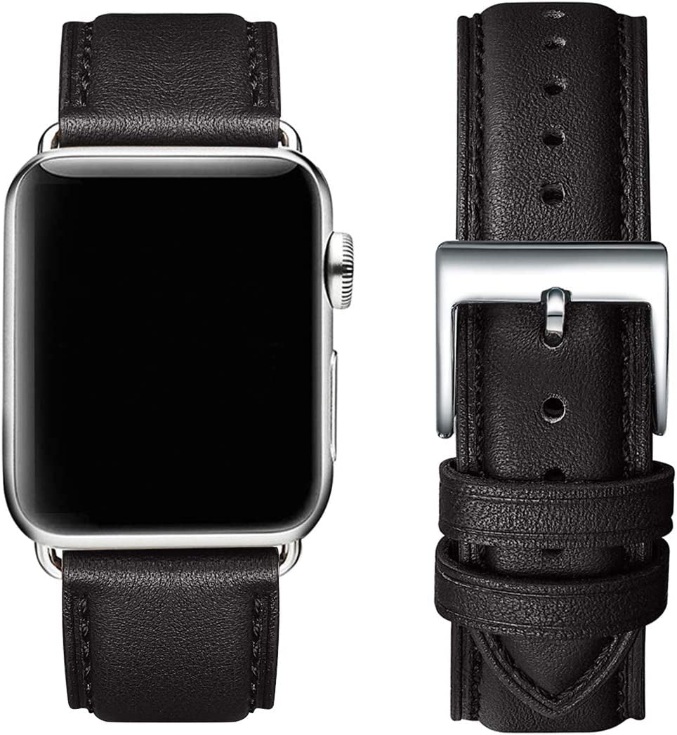 OMIU Square Bands Compatible with Apple Watch Band 38Mm 40Mm 41Mm 42Mm 44Mm 45Mm 49Mm, Genuine Leather Wristband Starp for Iwatch SE Series 8 7 6 5 4 3 2 1 Utral for Women Men(Ivory White/Rose Gold)  BestWayStore Black/Silver 42mm 44mm 45mm 49mm 