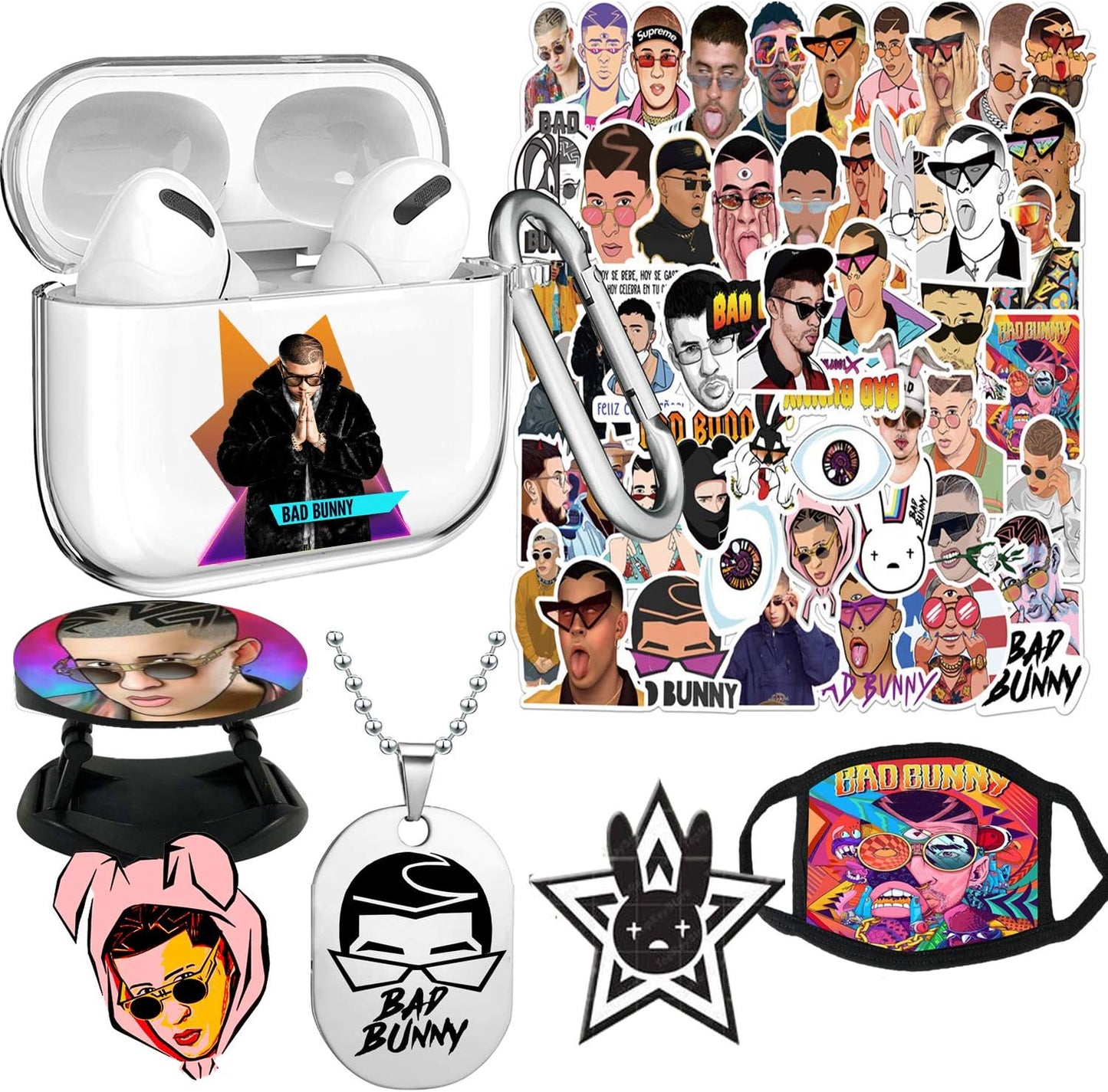 ADFER Bad Bunny 50 Pcs Stickers Bracelet Poster Phone Holder Lomo Cards Button Face Mouth Covers Necklace Compatible with Airpods 1&2/Airpods Pro/3 (1&2, Yellow)  ADFER CLEAR 3/PRO 