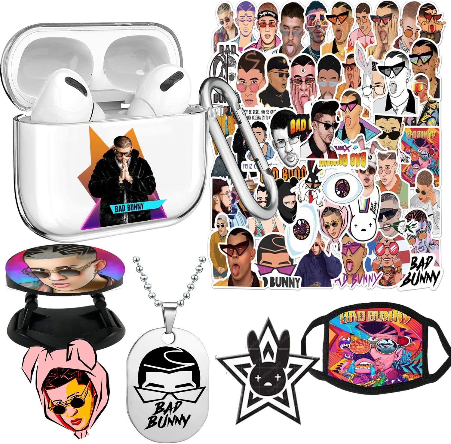 ADFER Bad Bunny 50 Pcs Stickers Bracelet Poster Phone Holder Lomo Cards Button Face Mouth Covers Necklace Compatible with Airpods 1&2/Airpods Pro/3 (1&2, Yellow)  ADFER CLEAR 3/PRO 