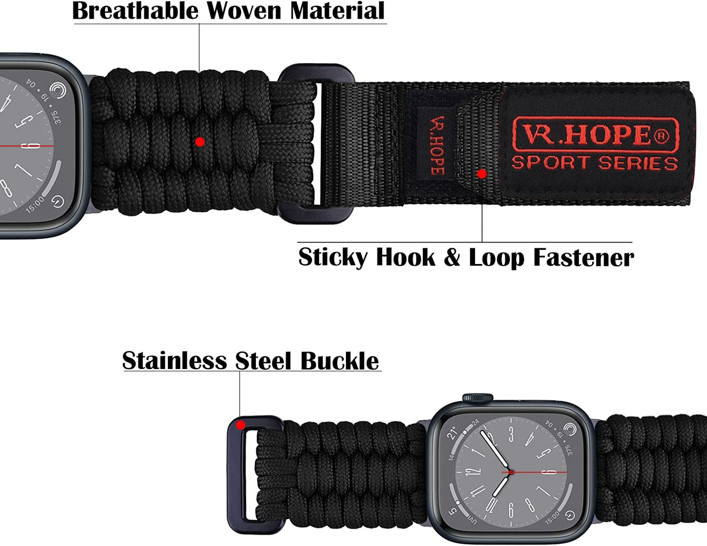 V.R.HOPE Watch Band Compatible with Apple Watch Ultra 49Mm 45Mm 44Mm 42Mm 41Mm 40Mm 38Mm for Men, Paracord Woven Braided Wristbands Sport Style for Iwatch Ultra Series 8 7 6 5 4 3 2 1 SE  V.R.HOPE   