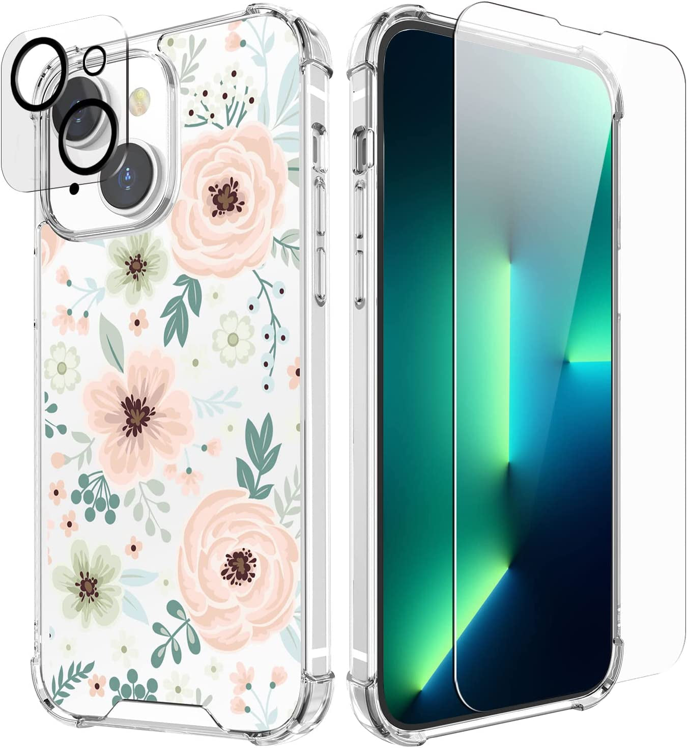 Cutebe [3 in 1 Crystal Phone Case for Iphone 13(2021)/Iphone 14(2022) 6.1", Cute Protective Cover with 9H Temper Glass Screen Protector + HD Temper Camera Lens Protector for Women, Girls  Cutebe Pink Floral iPhone 13/14 Case 6.1 Inch 
