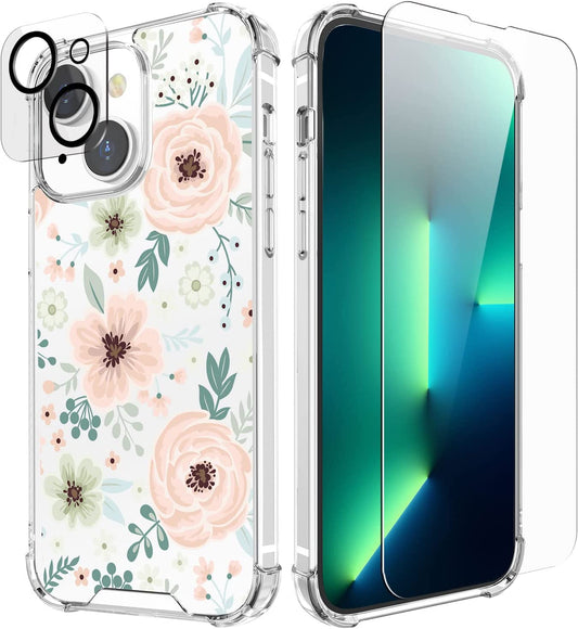 Cutebe [3 in 1 Crystal Phone Case for Iphone 13(2021)/Iphone 14(2022) 6.1", Cute Protective Cover with 9H Temper Glass Screen Protector + HD Temper Camera Lens Protector for Women, Girls  Cutebe Pink Floral iPhone 13/14 Case 6.1 Inch 