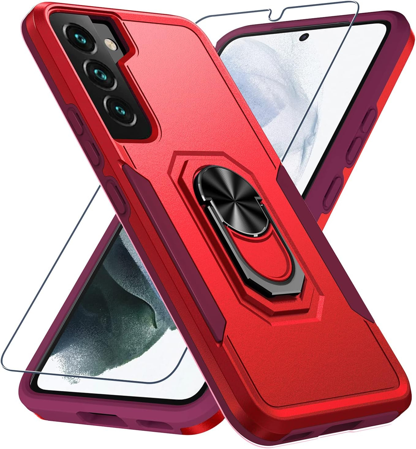 Samsung Galaxy S22 Case with Screen Protector Tempered Glass [Not for S22+] ,Heavy Duty Shockproof Full Body Phone Cover[Dual Layer][Hard PC Back],Built in Finger Ring Stable Kickstand,2022 Black  Janmitta Red  