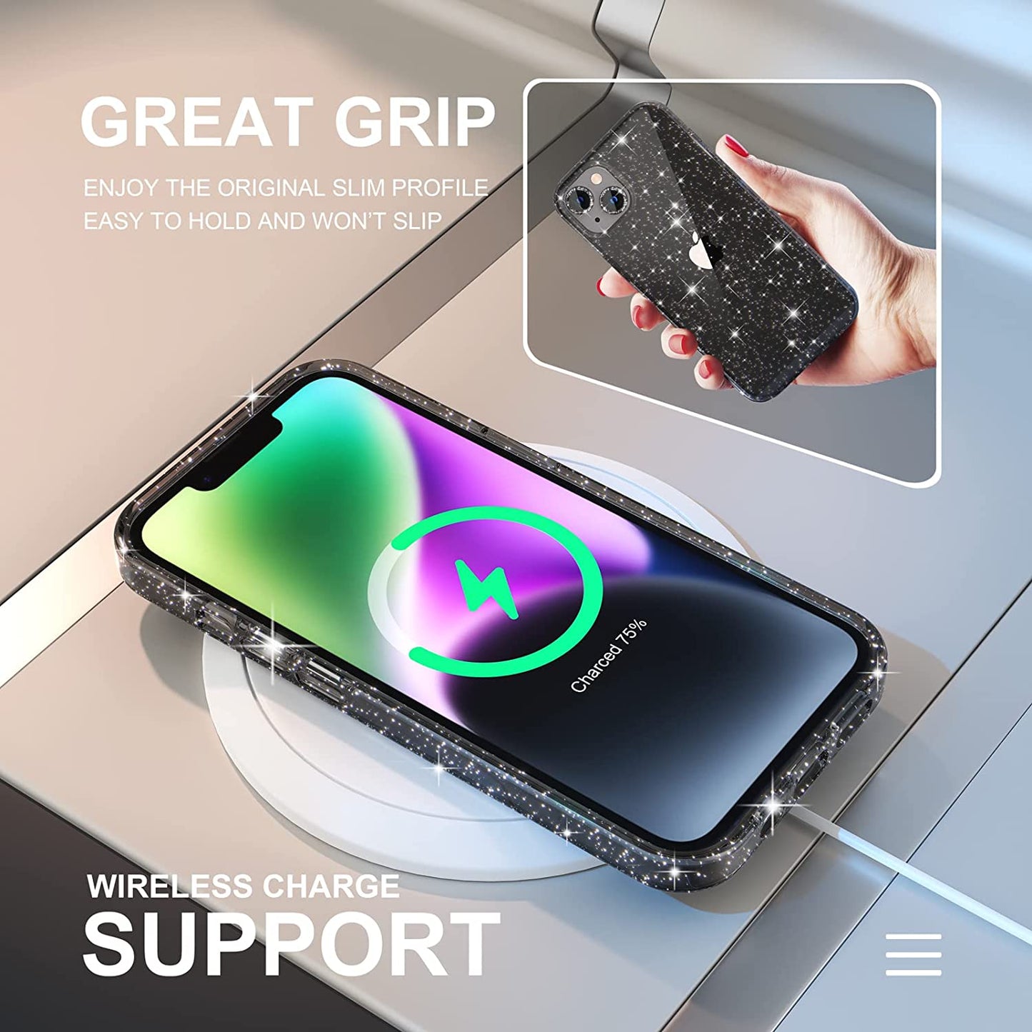 Choiche Compatible for Iphone 14 Case Cute, Women Clear Glitter Bling Sparkly Case, [2 X Diamond Camera Lens Protectors] [2 X Tempered Glass Screen Protectors] 6.1-Inch (Glitter Black)  Choiche   