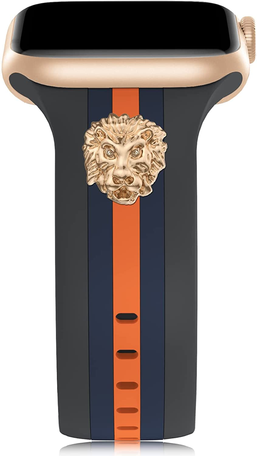 Designer Band with Charms Decor Compatible with Apple Watch Band 38Mm 40Mm 41Mm 42Mm 44Mm 45Mm 49Mm Women Men, Stylish Silicone Sport Wristbands for Iwatch Series 8 7 6 5 4 3 2 1 SE Ultra  Bagoplus Grey/Blue/Orange with Lion 38mm/40mm/41mm 