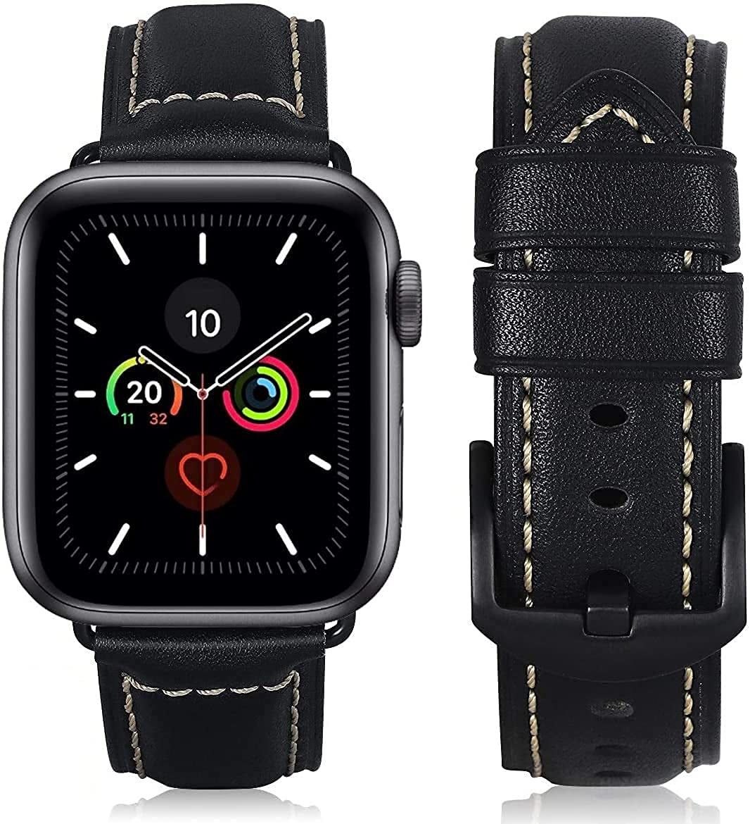HUAFIY Compatible for Apple Watch Bands 42Mm 44Mm45Mm 49Mm 38Mm 40Mm41Mm, Genuine Leather Band Strap for Iwatch Series 8,7,6,5,4,3,2,1, Ultra Sport SE  huahuei Retro Black Band Black Buckle 42mm 44mm45mm49mm 