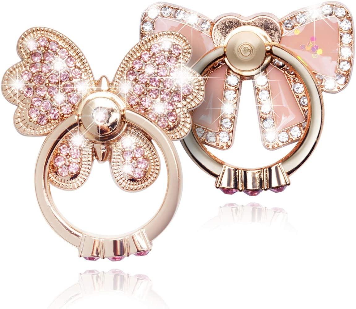 Finger Ring Stand,2 Pack Luxury Glitter Diamond Universal Metal Finger Ring Grip Holder Kickstand for Iphone 14 13 11 Pro Max 8 7 6S Plus,Galaxy S22 Ultra S10 plus S8 S7 Note,All Smartphone,Pink/Bow  WATACHE   