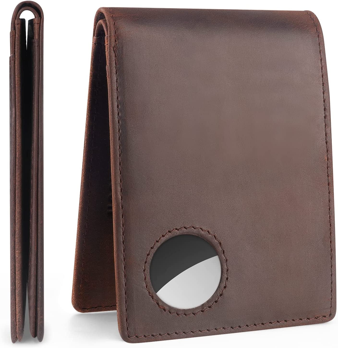 Dallson Mens Wallet for Airtag, Bifold Genuine Leather Wallet with Air Tag Holder, 2 ID Window, 10 Card Slot, RFID Blocking, Smart Wallet Compatible with Apple Airtag (Black)  Dallson Style 2 - Brown  