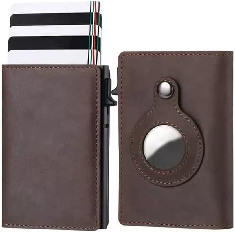 JAT Leather Airtag Men Wallet Genuine Crazy Horse Leather Automatic Pop up Wallet with Airtag Front Pocket (Carbon Fiber)  JAT Coffe  