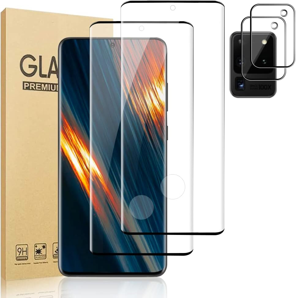 [2+2 Pack] Galaxy S20 Ultra Screen Protector and Camera Lens Protector,Fingerprint Unlock,3D Full Coverage,For Samsung Galaxy S20 Ultra (6.9 Inch) 9H Hardness Tempered Glass Screen Protector  OuYteu   