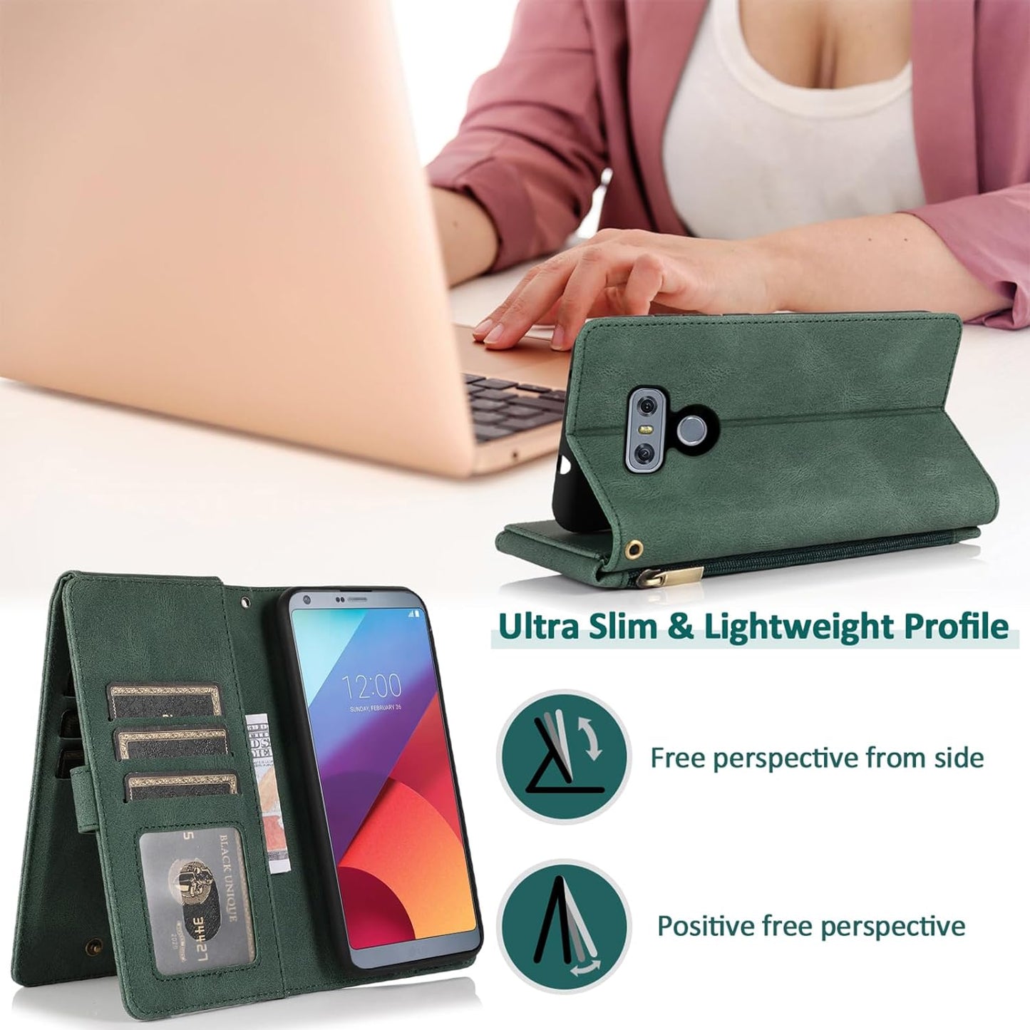 Compatible with LG G6 Wallet Case Tempered Glass Screen Protector and Zipper Leather Flip Cover Card Holder Stand Cell Accessories for LGG6 Thinq LG6 Thin Q G 6 plus G6+ 6G VS988 H872 Women Men Green  Asuwish   
