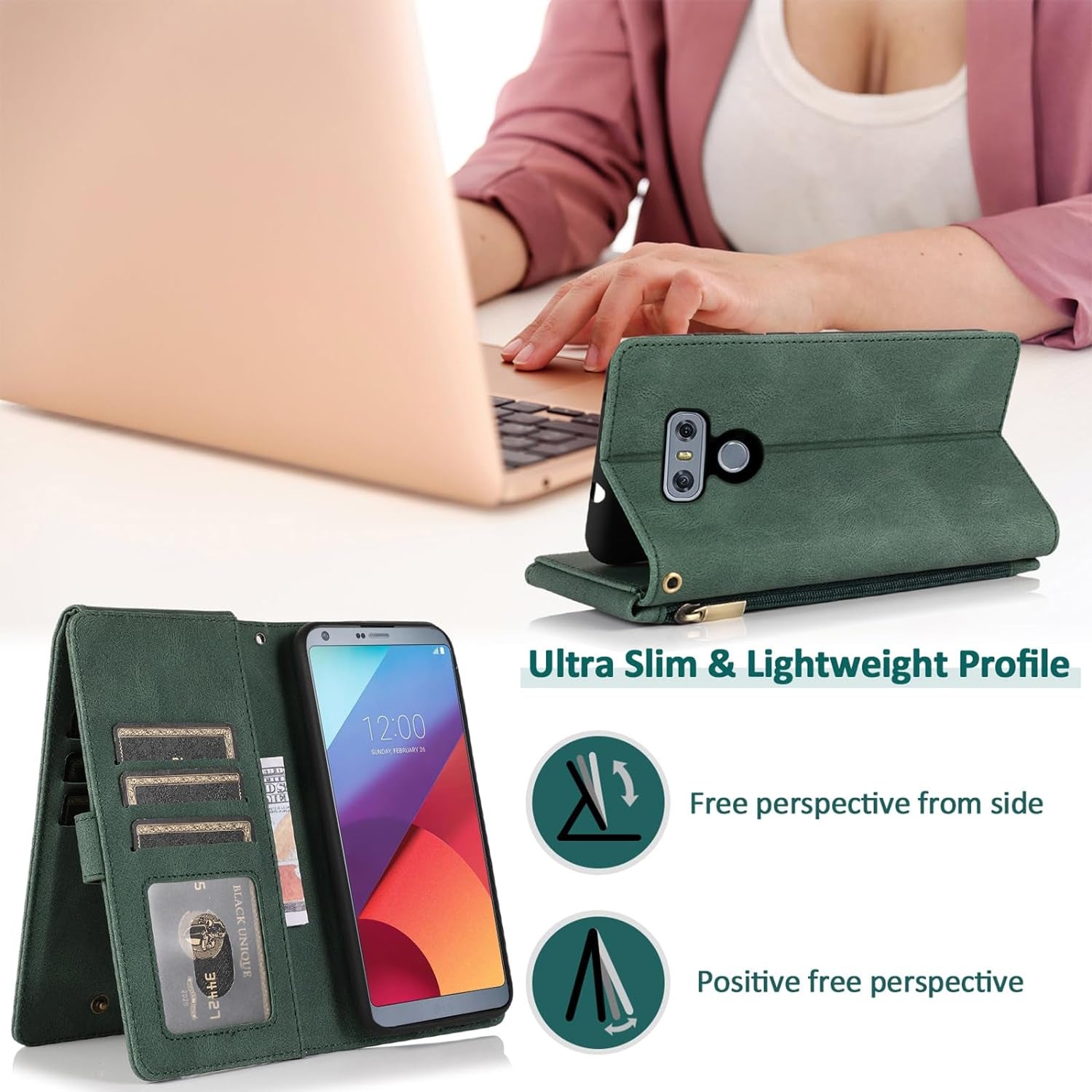 Compatible with LG G6 Wallet Case Tempered Glass Screen Protector and Zipper Leather Flip Cover Card Holder Stand Cell Accessories for LGG6 Thinq LG6 Thin Q G 6 plus G6+ 6G VS988 H872 Women Men Green  Asuwish   