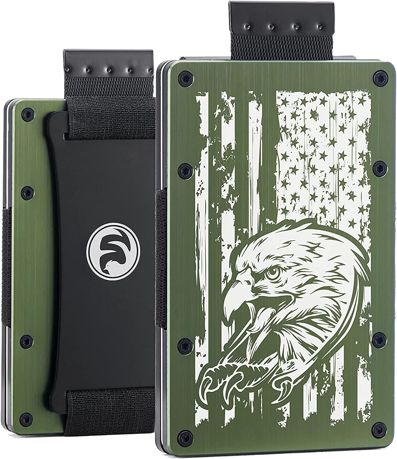 Men Minimalist Metal Wallet with ID Window Money Clip | Slim Front Pocket RFID Blocking Aluminum EDC Tactical Wallets with Cash Strap | Personalized Mini Multifunction Card Holder for Travel Business  FeiYen Eagle&American Flag 2-Brushed Army Green  