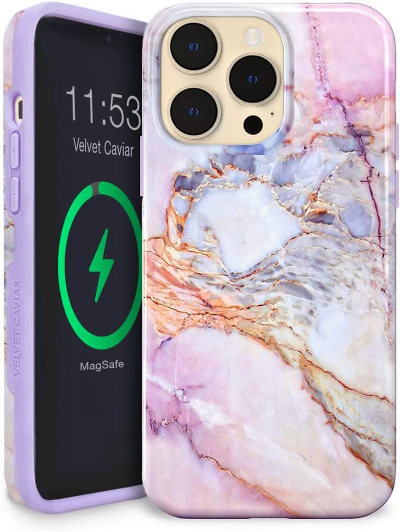 Velvet Caviar Designed for Iphone 14 Case for Women [10Ft Drop Tested] Compatible with Magsafe - Cute Magnetic Phone Cover - Protective Microfiber Lining (Holographic Blue Marble)  Velvet Caviar Violet Sky iPhone 14 Pro Max 