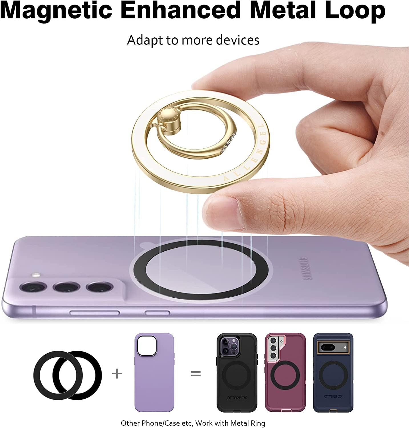 Compatible with Magsafe Phone Grip Stand, Allengel Magnetic Phone Ring Holder with Finger Kickstand for Smartphone, Luxury Gold White  Allengel   