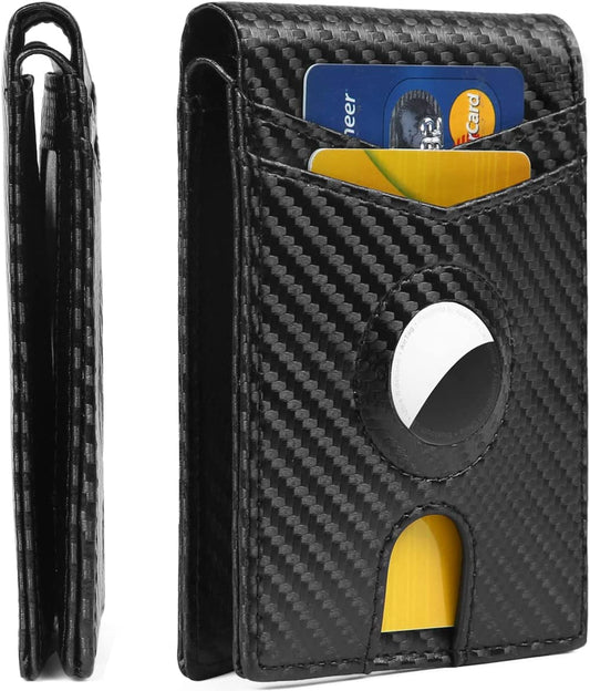 Huztencor Airtag Wallet Case, Mens Slim Wallet Bifold Credit Card Holder Wallet for Air Tag GPS Tracker, Minimalist RFID Blocking Front Pocket Wallet, Airtags Holder for Men Women Carbon Fiber Black  Huztencor   