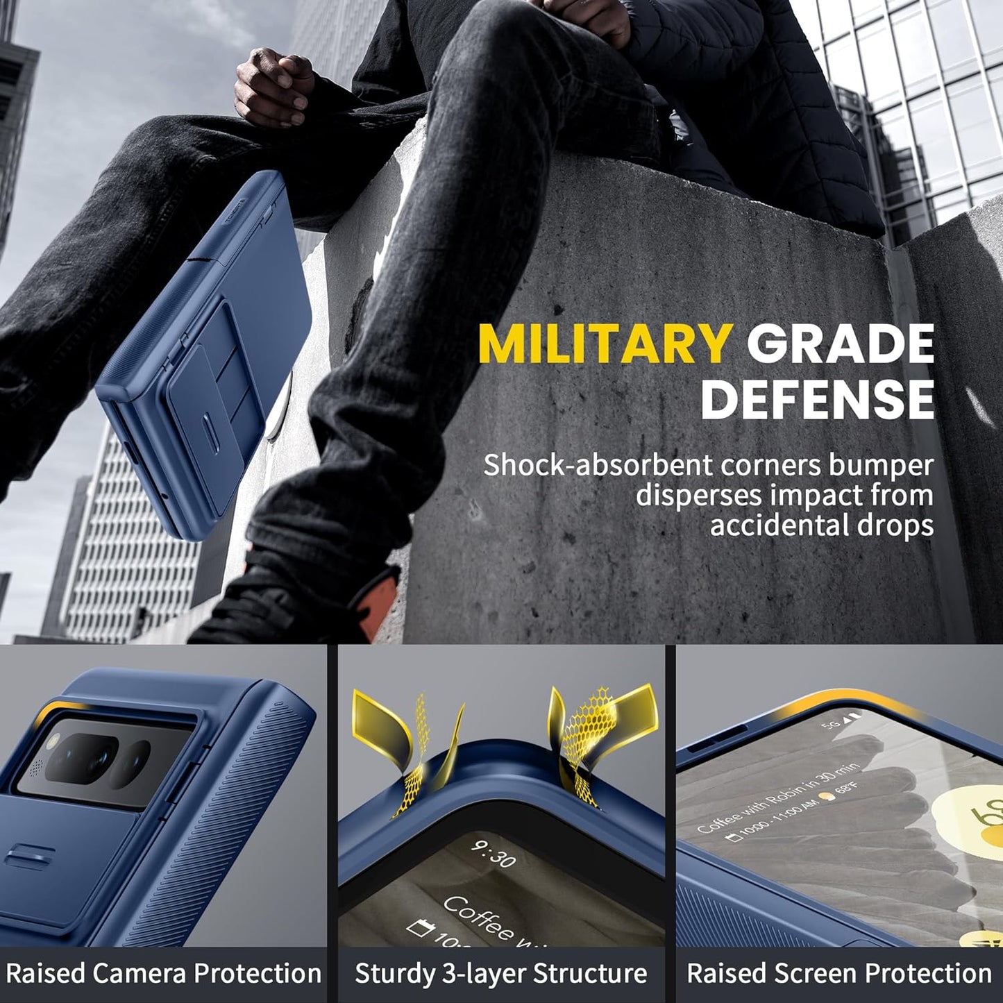 Tongate for Pixel Fold Case, [Built-In Slide Camera Cover & Screen Protector] [Hinge Protection] Military Grade Matte Phone Case with Hidden Kickstand for Google Pixel Fold 5G (2023), Blue  Tongate   