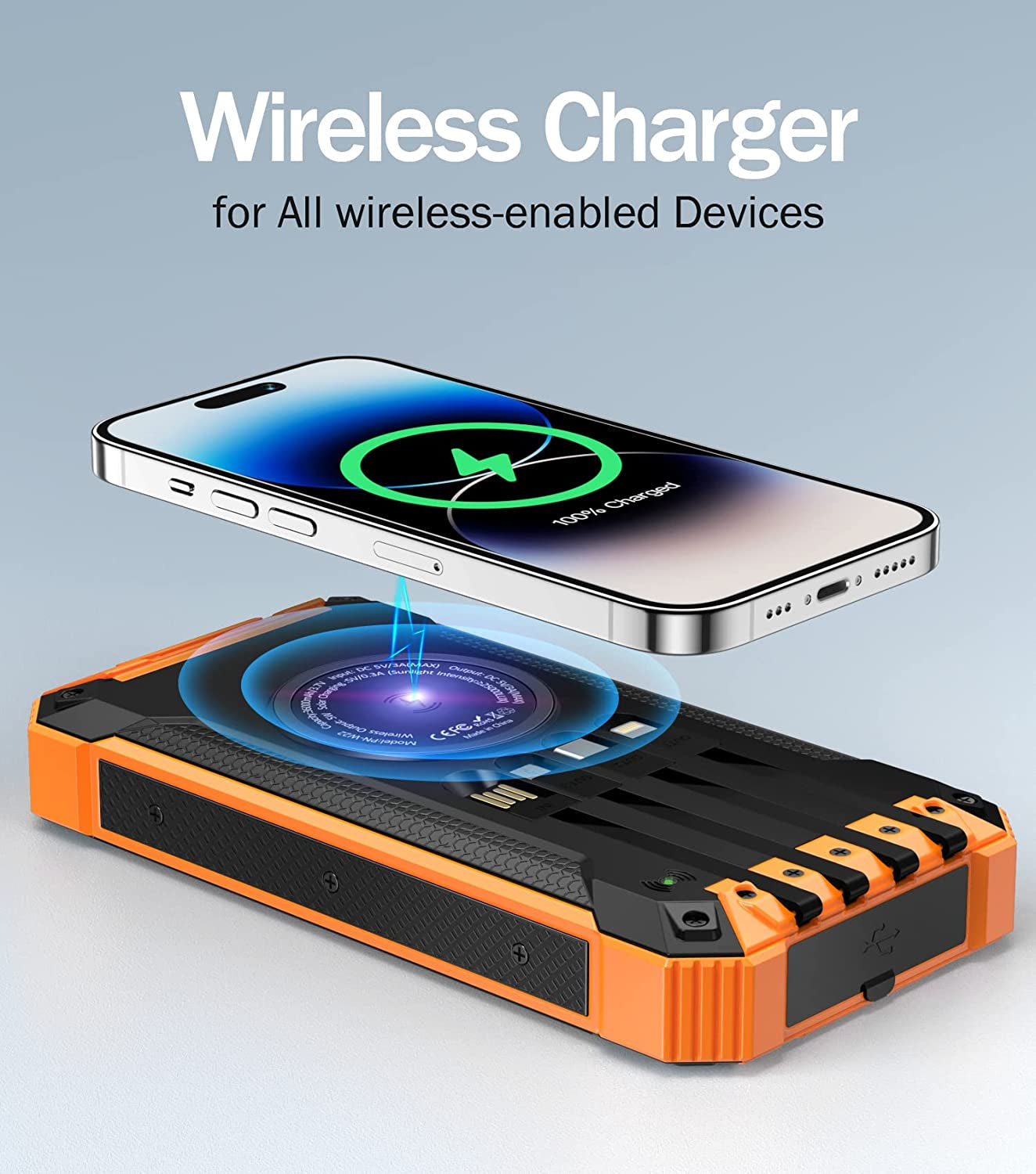 Goodaaa Power Bank Wireless Charger 36000Mah Built in 4 Cables Six Outputs 15W Fast Charging Power Bank for All Mobile Devices Three Inputs Solar Portable Charger with Dual Flashlights, Carabiner  GOODaaa   