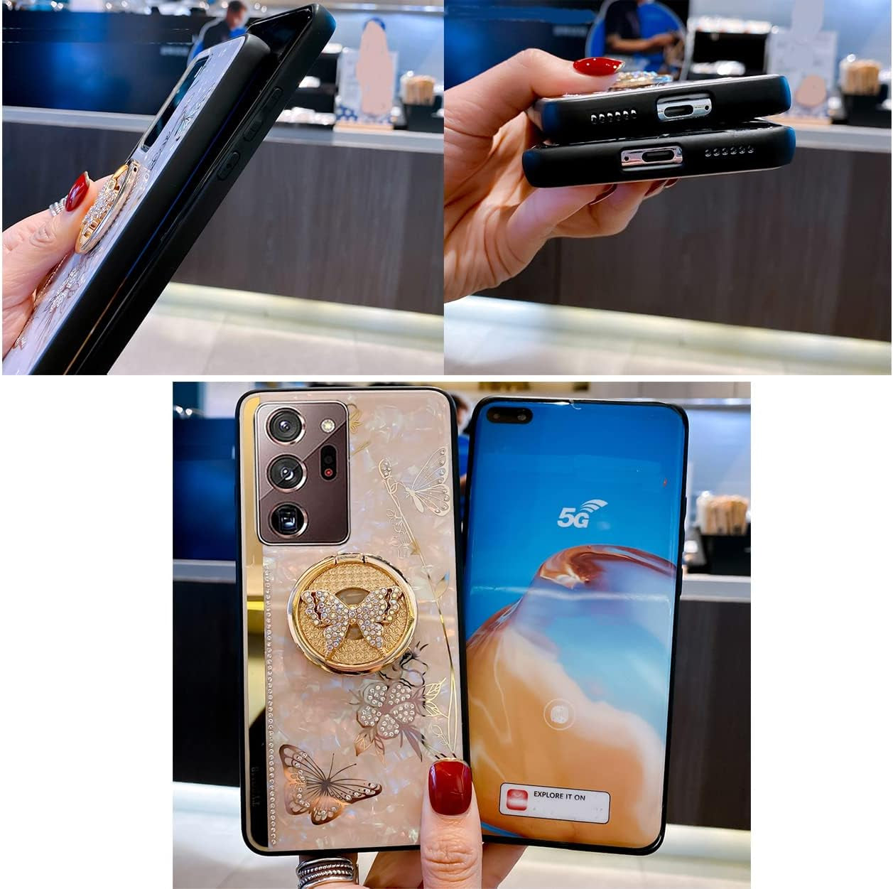 Supshop Note20 for Samsung Galaxy Note 20 5G Case for Women Girl Design with Ring Kickstand,Fashion Cute Bling Diamond Rhinestone Glitter Butterfly Marble Mirror Phone Cover,Purple  SUPSHOP   