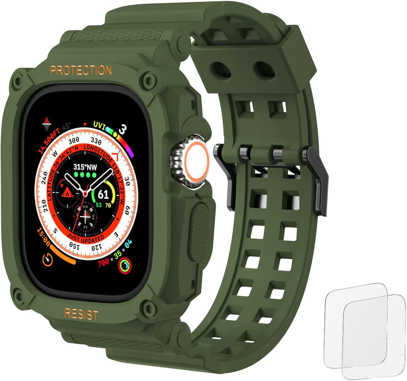 Fullmosa Watch Band Compatible Rugged Apple Watch Band Ultra 49Mm with Bumper Case & Screen Protector for Men Women, Black  Fullmosa Ultra-Army Green 49mm 