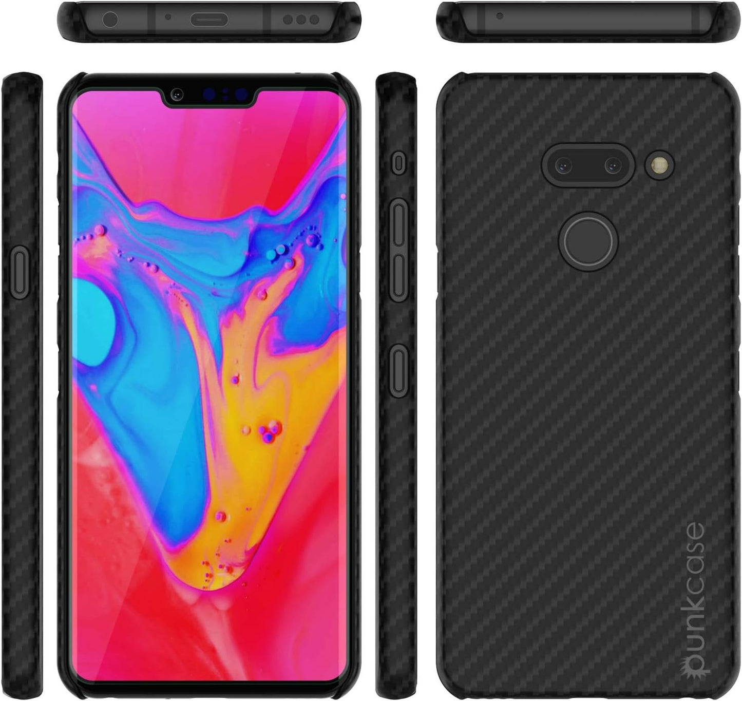 LG G8 Case [Carbonshield Series] Ultra Thin 2 Piece Dual Layer PU Leather Cover [Shockproof][Non Slip] with PUNKSHIELD Screen Protector Compatible W/LG G8 Thinq (Jet Black)  PunkCase   