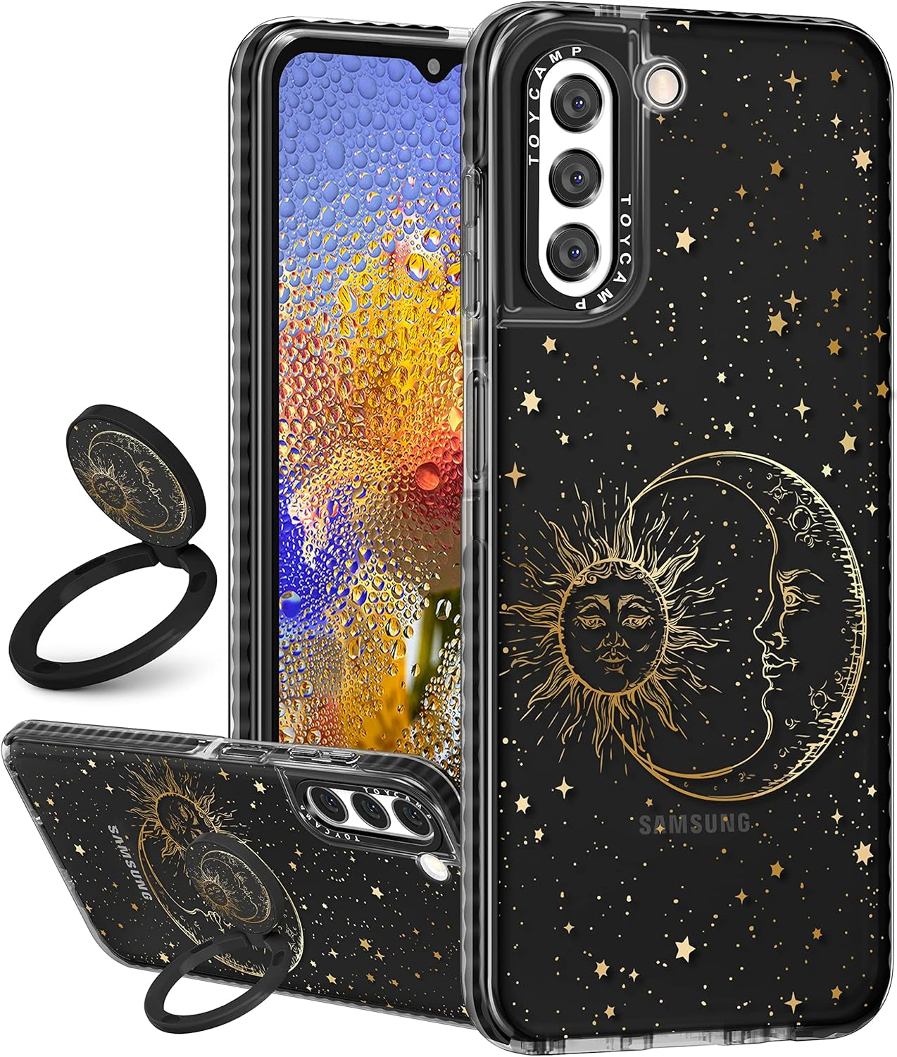 Toycamp for Samsung Galaxy S22 Case for Women, Colorful Butterfly Cute Girly Print Design for Girls Teens Case with Ring Kickstand (6.1 Inch), Black  Toycamp Black Sun And Moon  