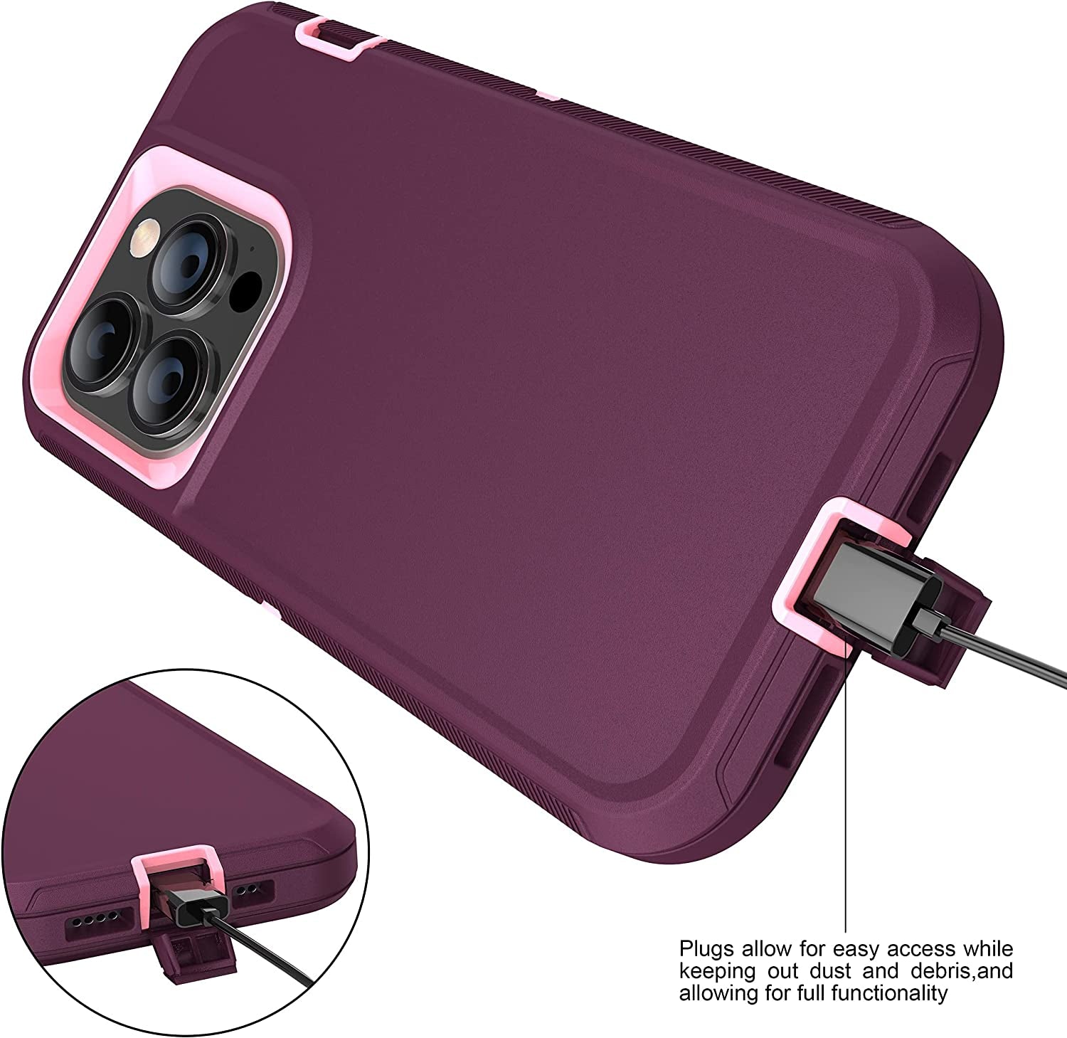MXX Iphone 14 Pro Heavy Duty Case, 3-Layer Full Body Protection, Tempered Glass and Camera Lens Protector (Plum/Light Pink)  MXx Accessories LLC   