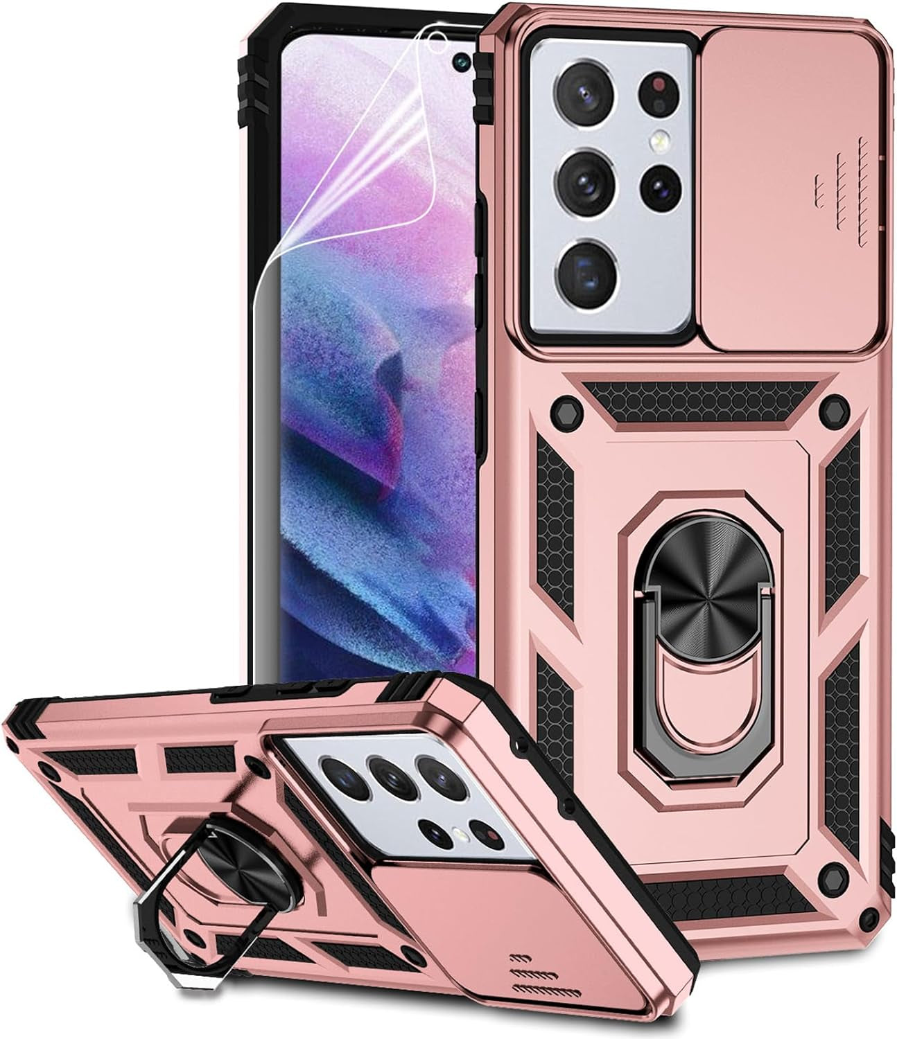 For Samsung Galaxy S21 Ultra Case with Camera Lens Cover HD Screen Protector, Military-Grade Drop Tested Magnetic Ring Holder Kickstand Protective Phone Case for Samsung Galaxy S21 Ultra 5G (Black)  JINZHI Inc Rose Gold With Camera Cover Military-Grade 2Nd Gen  