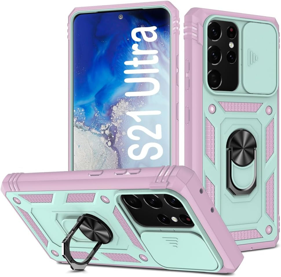 PASNEW for Samsung Galaxy S21 Ultra Case,Finger Ring Kickstand & Camera Cover Slide & Charge Port Dust Plug,Military Heavy Duty Full Body Shockproof Protective Hard Shell S21Ultra,6.8 Inch,Pink  PASNEW Green+Pink Samsung Galaxy S21 Ultra【6.8"】 