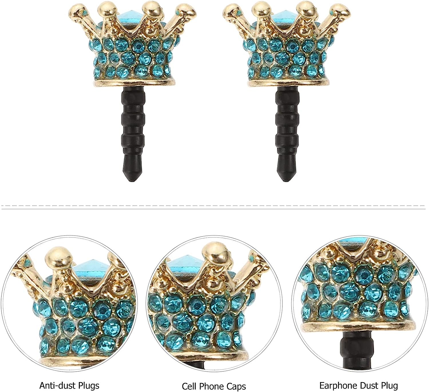 Hemobllo 2Pcs Earphone Jack Plug Crown Earphone Jack Stopper Rhinestone Dust Caps DIY Phone Accessories for 3. 5MM Headphone (Sky Blue)  Hemobllo   